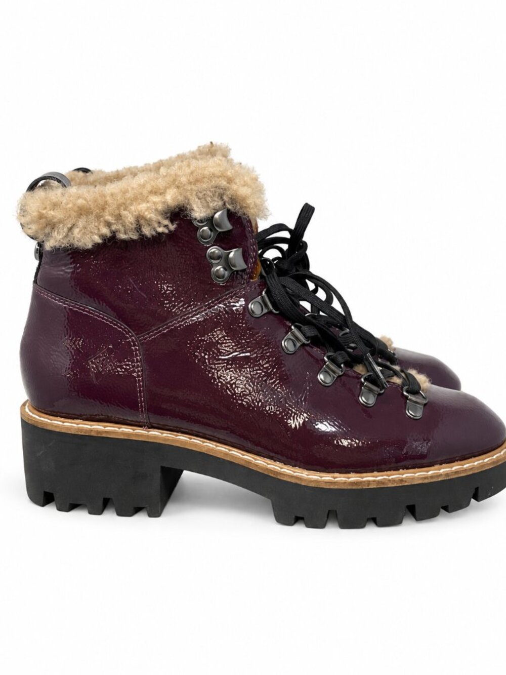 Donald Pliner Erinn Vino Purple Red Patent Shearling Lug Boots 6.5 M